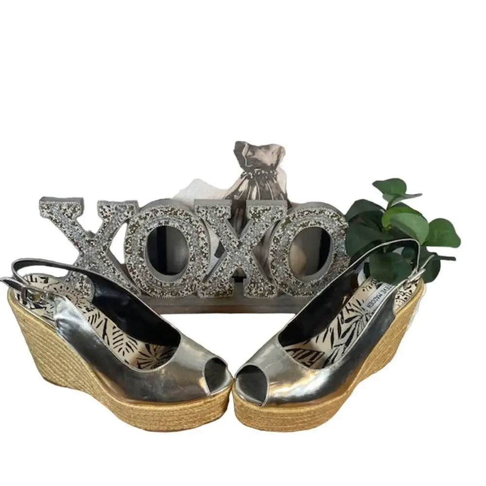 Steve Madden Women Metallic Silver Open Toe Ankle Espadrille Wedge Sandals Sz 10